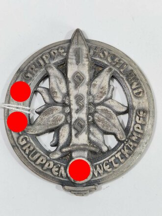 Nicht tragbare Plakette " SA Gruppe Hochland Gruppenwettkämpfe 1939" dem II.Sieger. Zink versilbert, RZM M3/41
