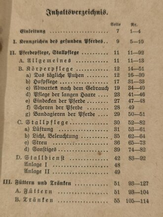 H.Dv.11/1 "Das Truppenpferd"  Heft 1: Pferdepflege, Stallpflege, Füttern und Tränken, Berlin 1937, 68 Seiten, stark gebraucht