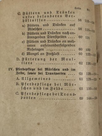 H.Dv.11/1 "Das Truppenpferd"  Heft 1: Pferdepflege, Stallpflege, Füttern und Tränken, Berlin 1937, 68 Seiten, stark gebraucht