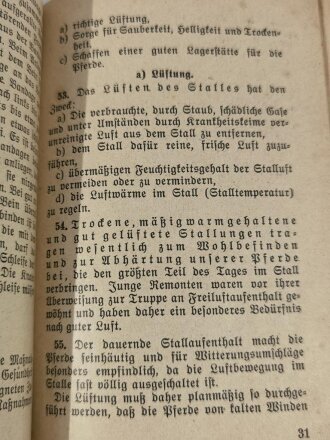 H.Dv.11/1 "Das Truppenpferd"  Heft 1: Pferdepflege, Stallpflege, Füttern und Tränken, Berlin 1937, 68 Seiten, stark gebraucht