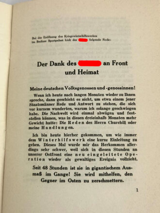 "Rede Adolf Hitlers zur Eröffnung des 3. Kriegs-Winterhilfswerkes im Berliner Sportpalast am 3. Oktober 1941, 23 Seiten, DIN A5