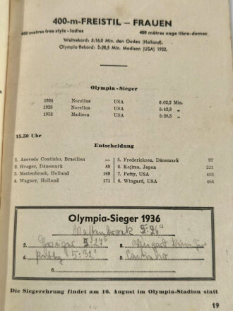 Tages-Programm XI. Olympische Spiele Berlin 1936,, 15. August, 55 Seiten, über DIN A5