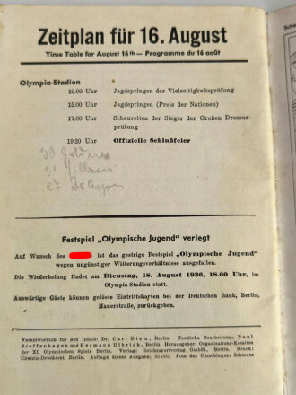 Tages-Programm XI. Olympische Spiele Berlin 1936,, 15. August, 55 Seiten, über DIN A5