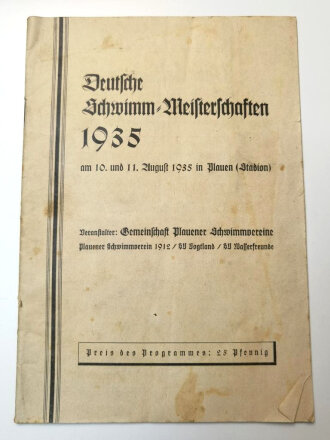 Deutsche Schwimm-Meisterschaften 1935 am 10. und 11. August in Plauen Programm, 31 Seiten, über A5