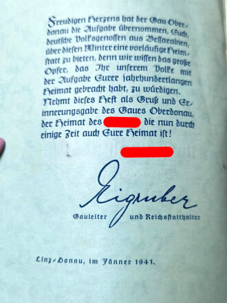 "Oberdonau die Heimat des Führers", den im Gau wohnenden Deutschen aus Bessarabien gewidmet, Jänner 1941, 30 Seiten, DIN A5