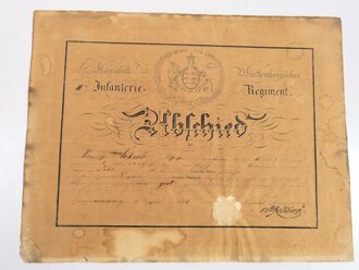 Königlich Württembergisches Infanterie Regiment, Abschiedsurkunde für einen Soldaten datiert 1854. Großformatig, zum Teil eingerissen und brüchig