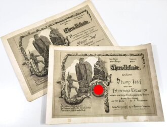 Deutscher Turngau Tirol / Vorarlberg, 2 grossformatige Urkunden um 1925, abgedeckt ist das Symbol des Turnervereins, Maße 66 x 48 cm