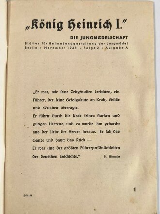 Die Jungmädelschaft "König Heinrich I." Ausgabe A, November Ausgabe 1938, Folge 3, DIN A5