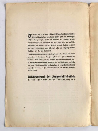 "Reden Adolf Hitlers und Dr. Allmers zur Eröffnung der Internationalen Automobil- und Motorradausstellung Berlin am 11. Februar 1933", 11 Seiten, DIN A5, geknickt 