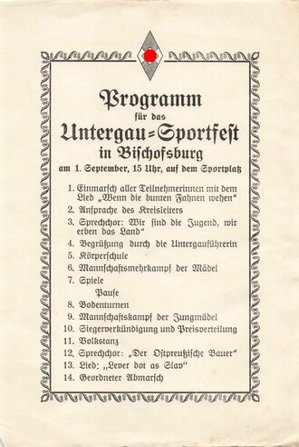 "Programm für das Untergau-Sportfest in Bischofsburg" über DIN A5