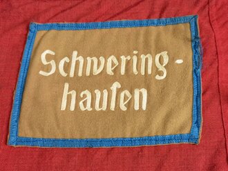NSDAP, Ortgruppenfahne "Schweringhausen"  7 angenähte Fahnenringe aus Leichtmetal.. Geführtes Stück mit etlichen, kleinen Beschädigungen. Maße 125 x 139cml