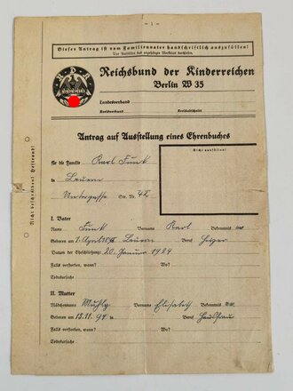 Reichsbund der Kinderreichen, Berlin W 35 "Antrag...