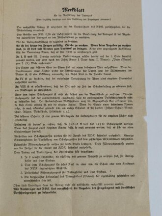 Reichsbund der Kinderreichen, Berlin W 35 "Antrag auf Ausstellung eines Ehrenbuches" 6 Seitig, ausgefüllt, DIN A4, geknickt und rissig