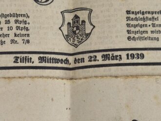 2 Zeitungen "Tilsiter Allgemeine Zeitung - Memellandanschluss" 22 + 23 März 1939