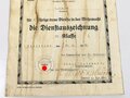 Verleihungsurkunde zur Dienstauszeichnung IV.Klasse für einen Angehörigen im I.R.109 Karlsruhe, ausgestellt 1939. DIN A4, Wasserschaden