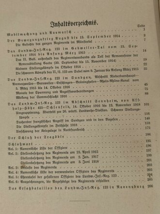 "Württembergisches Landw.-Inf.-Regiment Nr. 123  im Weltkrieg 1914-18", Stuttgart, 1922, 206 Seiten, alle Anhänge fehlen!