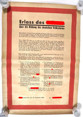 Großformatiges Plakat " Erlass des Führers über die Bildung des Deutschen Volkssturms , datiert September 1944" 83 x 120cm, professionel auf Gewebe aufgezogen