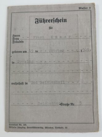Führerschein ausgestellt 1938 in Bad Reichenhall