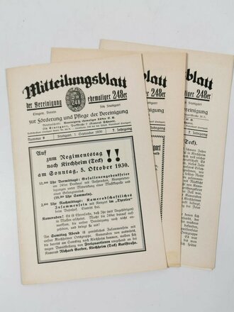 Württemberg, 3 Ausgaben "Mitteilungsblatt der Vereinigung ehemaliger 248er", Nr. 9 August, Nr. 9 September, Nr. 11 November 1930, handschriftl. Notiz