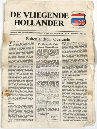 Flugblatt "De Vliegende Hollander" Nachrichtenblatt No. 16, 8. Dec. 1943, unter DIN A4, 4-seitig, mehrfach geknickt, niederländisch