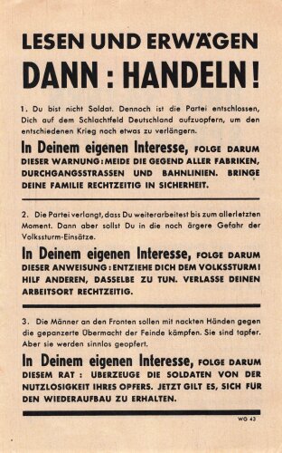 U.S.A. / Großbritannien WWII, "Drei Tonnen Sprengstoff", Flugblatt WG.43, Einsatzzeit 1945, guter Zustand