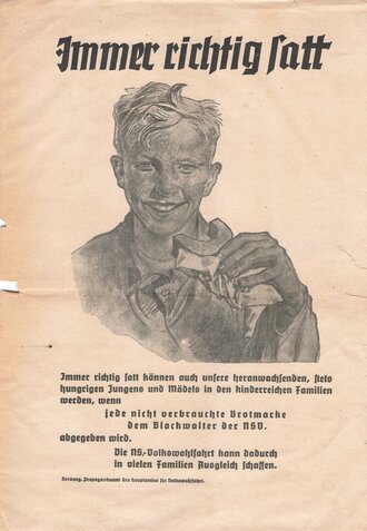 NSV Plakat "Immer richtig satt" eingerissen, 21 x 31 cm