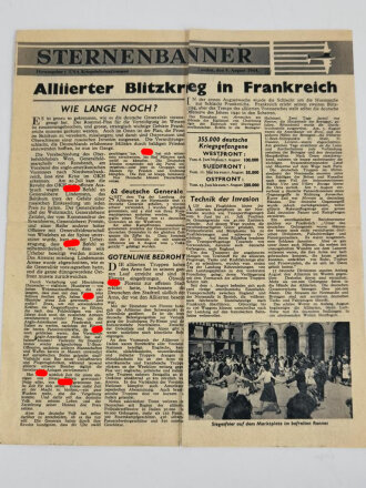 U.S.A. "Sternenbanner" Flugblatt USG 48, 9.August 1944, 2-seitig, über DIN A4, geknickt