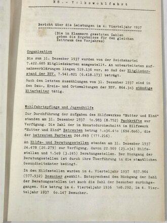 NSV "Statistik der Nationalsolzialistischen Volkswohlfahrt und des Winterhilfswerkes" 1937, stark gebraucht, 34 Seiten