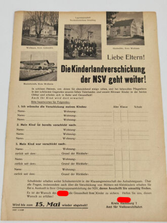 NSV "Die Kinderlandverschickung der NSV geht weiter!" Blankoformular der NDSAP Kreis Hamburg
