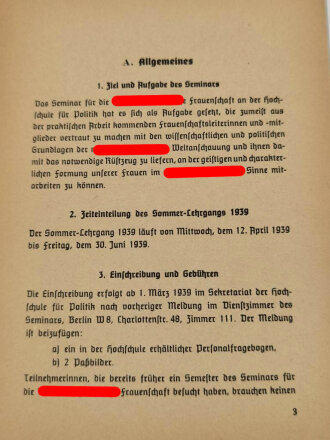 "Seminar für die Nationalsozialistische Frauenschaft an der Hochschule für Politik" Sommer Lehrgang 1939, 11 Seiten, DIN A5