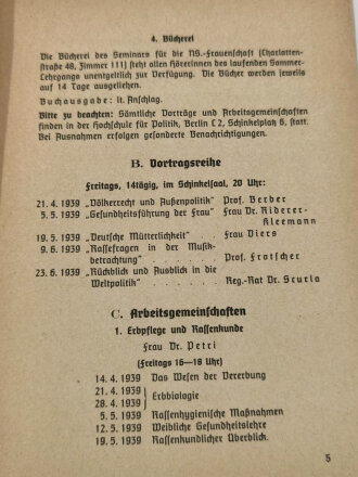 "Seminar für die Nationalsozialistische Frauenschaft an der Hochschule für Politik" Sommer Lehrgang 1939, 11 Seiten, DIN A5