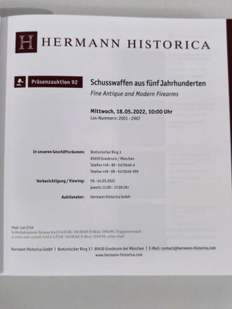 Hermann Historica, Auktion 92 " Schusswaffen aus fünf Jahrhunderten" 636 Seiten, leicht gebraucht