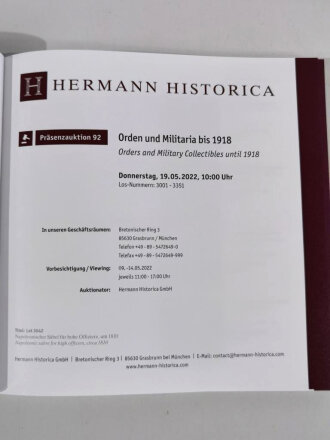 Hermann Historica, Auktion 92 " Orden und Militaria bis 1918" 252 Seiten, leicht gebraucht