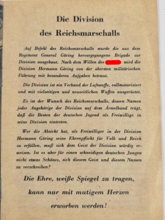 Division Hermann Göring, 14 seitige Werbebroschüre mit Meldezettel für freiwillige. Guter Zustand