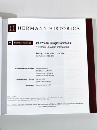 Hermann Historica Auktion 92 " Eine Wiener Fernglassammlung"  leicht gebraucht, 264 Seiten