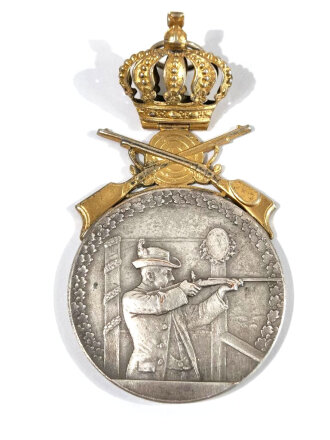 Tragbare Medaille eines Schützenbundes mit vergoldeter Krone. Sehr schönes Stück / Mat. Buntmetall / 40mm