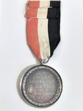 Tragbare Schützenmedaille aus Silber " Dem Ehrenschützen A.Hafen K.K.S. Pfullendorf 1927 " Durchmesser 34mm