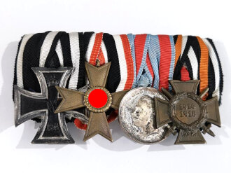 4er Ordensspange mit Eisernen Kreuz 2. Klasse 1914 in 30er Jahre Ausführung, Kriegsverdienstkreuz 2. Klasse ohne Schwerter, Allgemeines Ehrenzeichen für Tapferkeit 1894, Ehrenkreuz für Frontkämpfer, sehr toller Zustand