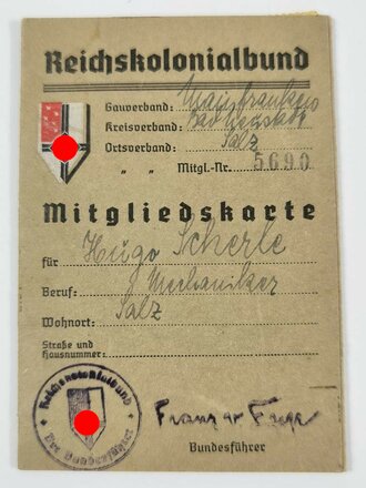 Reichskolonialbund Mitgliedskarte