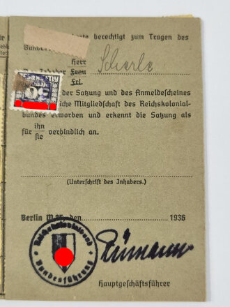 Reichskolonialbund Mitgliedskarte