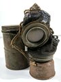 1.Weltkrieg, Gasmaske in Bereitschaftsbüchse. Weiches Leder, guter Zustand, Büchse Originallack. Ungereinigt