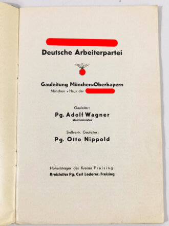 Nationalsozialistische Deutsche Arbeiterpartei, Kreis Freising und seine Organisationen, 48 Seiten, A5, Einband mit Schutzfolie beklebt