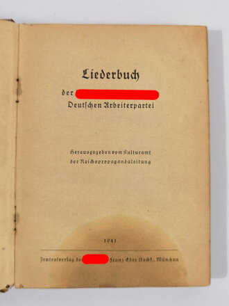 Liederbuch der Nationalsozialistischen Deutschen Arbeiterpartei, München, 1941, 189 Seiten, A6, Wasserschaden, fleckig