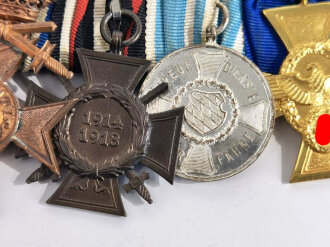 5er Ordensspange " Eisernes Kreuz 2. Klasse 1914, Bayern Militärverdienstkreuz 3. Klasse mit Schwertern und Krone, Ehrenkreuz für Frontkämpfer, Treue Dienste bei der Fahne, Dienstauszeichnung der Polizei 1. Stufe für 25 Jahre mit Bandauflage "