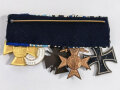 5er Ordensspange " Eisernes Kreuz 2. Klasse 1914, Bayern Militärverdienstkreuz 3. Klasse mit Schwertern und Krone, Ehrenkreuz für Frontkämpfer, Treue Dienste bei der Fahne, Dienstauszeichnung der Polizei 1. Stufe für 25 Jahre mit Bandauflage "