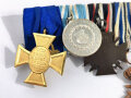 5er Ordensspange " Eisernes Kreuz 2. Klasse 1914, Bayern Militärverdienstkreuz 3. Klasse mit Schwertern und Krone, Ehrenkreuz für Frontkämpfer, Treue Dienste bei der Fahne, Dienstauszeichnung der Polizei 1. Stufe für 25 Jahre mit Bandauflage "