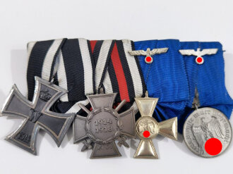 4er Ordensspange " Eisernes Kreuz 2. Klasse 1914, Ehrenkreuz für Frontkämpfer, Dienstauszeichnung der Wehrmacht für 18 Jahre, Dienstauszeichnung der Wehrmacht für 4 Jahre jeweils mit Bandauflage