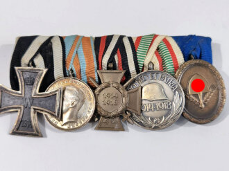 5er Ordensspange " Eisernes Kreuz 2. Klasse 1914, Allgemeines Ehrenzeichen für Tapferkeit 1894, Ehrenkreuz für Frontkämpfer, Weltkriegsmedaille Pro Deo et Patria 1914 - 1918, Dienstauszeichnung Reichsarbeitsdienst 4. Stufe für Männer