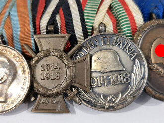 5er Ordensspange " Eisernes Kreuz 2. Klasse 1914, Allgemeines Ehrenzeichen für Tapferkeit 1894, Ehrenkreuz für Frontkämpfer, Weltkriegsmedaille Pro Deo et Patria 1914 - 1918, Dienstauszeichnung Reichsarbeitsdienst 4. Stufe für Männer