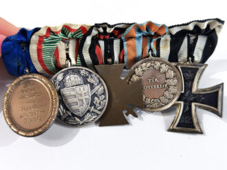 5er Ordensspange " Eisernes Kreuz 2. Klasse 1914, Allgemeines Ehrenzeichen für Tapferkeit 1894, Ehrenkreuz für Frontkämpfer, Weltkriegsmedaille Pro Deo et Patria 1914 - 1918, Dienstauszeichnung Reichsarbeitsdienst 4. Stufe für Männer